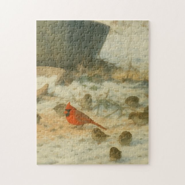 Winter Watercolor Cardinal and Sparrows Pussel (Vertikal)