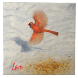 Winter Watercolor Cardinal in Flight Kakelplatta