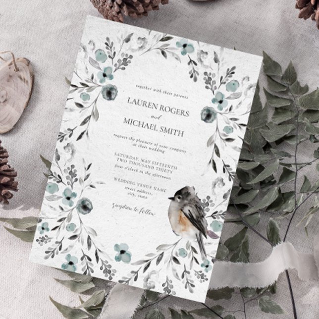 Winter Watercolor Dusty Blue Botanical Bröllop Inbjudningar (Winter Wedding Invitation)