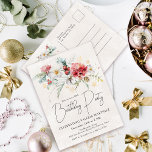 Winter Watercolor Flowers 40th Birthday Party Inbjudan Vykort<br><div class="desc">Röda och vita vinterfärgblommor kapas i mjuka grönt löv och löv. Guld snöflingor lägger till en festlig beröring. En elegant,  ett enkelt och modernt skript ge är en öppen och hårfin vibe. Det finns också en vinterboquet på baksidan,  returadressen och utrymmet för dig att anpassa blommigten om din händelse.</div>