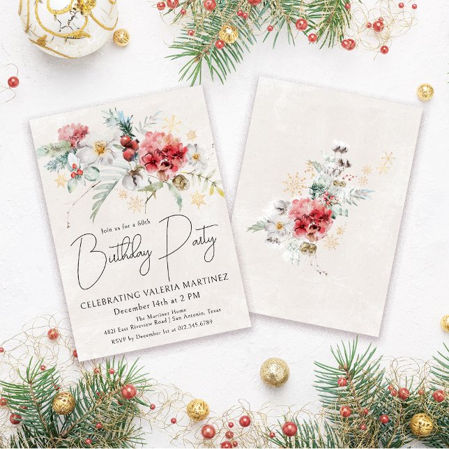 Winter Watercolor Flowers 60:e Födelsedagsfesten Inbjudningar (Need a matching welcome sign? Maybe napkins or paper plates. Something else? Message me!)