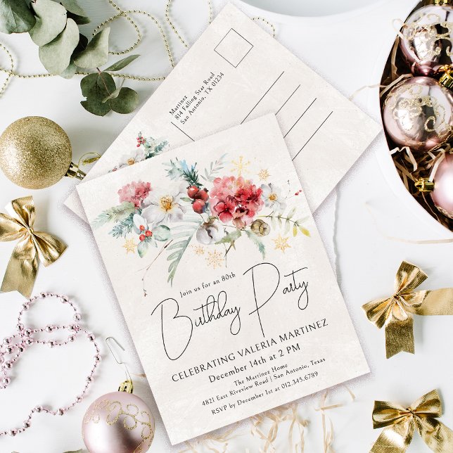 Winter Watercolor Flowers 80:e Födelsedagsfesten Inbjudan Vykort (Need a matching welcome sign. Napkins or paper plates. Something else? Message me!)