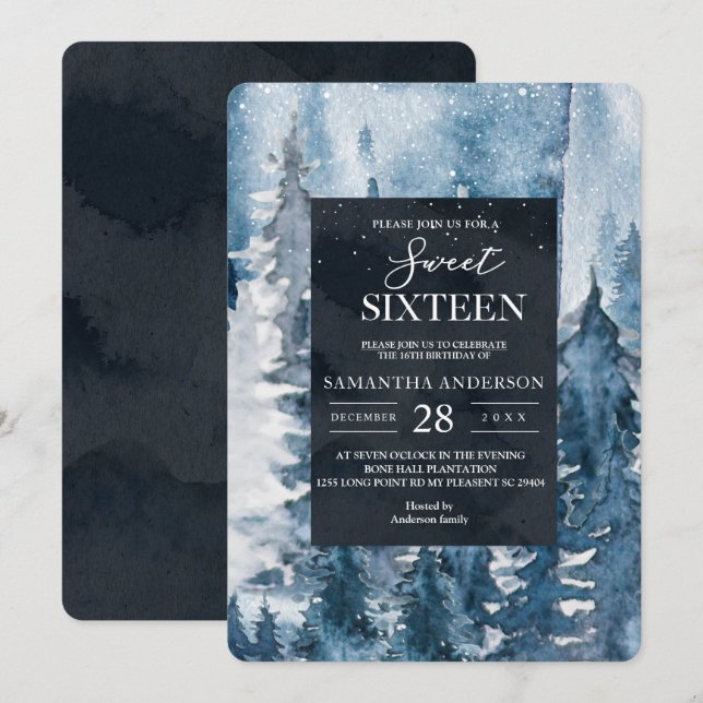 Winter Watercolor Forest & Navy Blue & White Invit Inbjudningar (Fram/baksida)