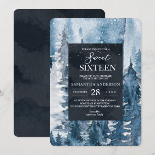 Winter Watercolor Forest & Navy Blue & White Invit Inbjudningar