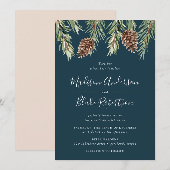 Winter Watercolor Gräs Cone Navy Bröllop Inbjudningar (Fram/baksida)