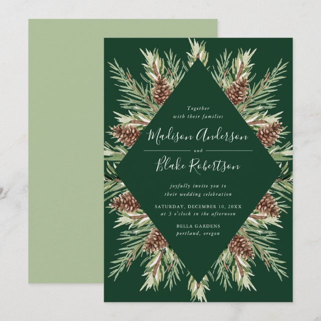 Winter Watercolor Gräs Cone Ram Grönt Bröllop Inbjudningar (Fram/baksida)