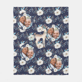Winter Watercolor Hjort Flowers Blue PHOTO Blanket Fleecefilt