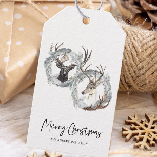Winter Watercolor Hjort WAN Juletiketters Presentetikett