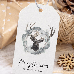 Winter Watercolor Hjort WAN Juletiketters Presentetikett