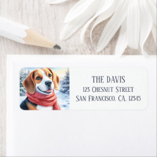 Winter Watercolor Red Scarf Beagle - Returadress Etikett