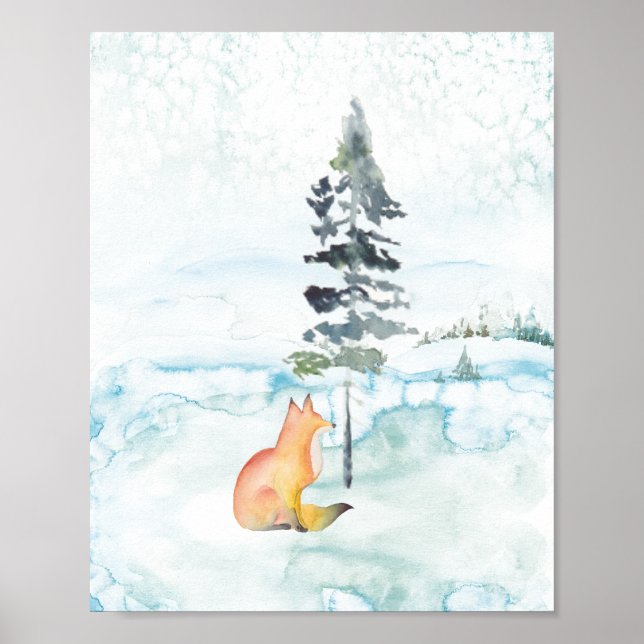 Winter Watercolor Scene Red Fox Teckning Poster (Framsidan)