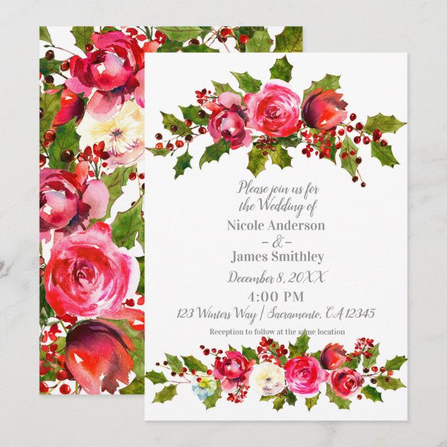 Winter Wedding Blommigt Holly Berry Löv Helgdag Inbjudningar (Fram/baksida)