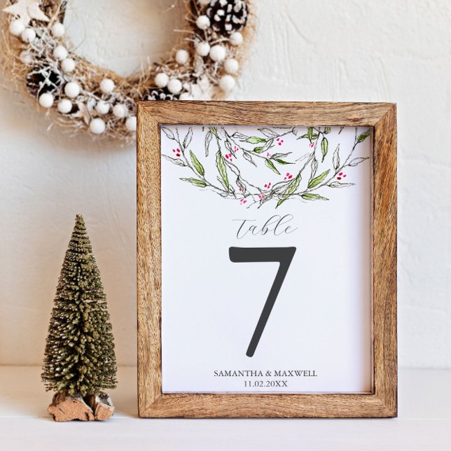 Winter Wedding Bordsnummer Rustic Botanicals (Winter wedding table number unique Christmas botanical art by Victoria Grigaliunas Do Tell A Belle)