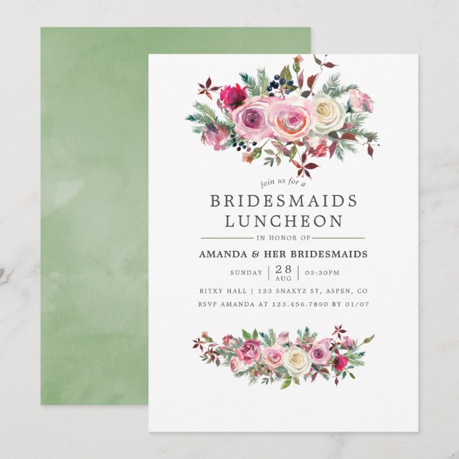 Winter Wedding Bridesmaids Luncheon Blommigt Inbju Inbjudningar (Fram/baksida)