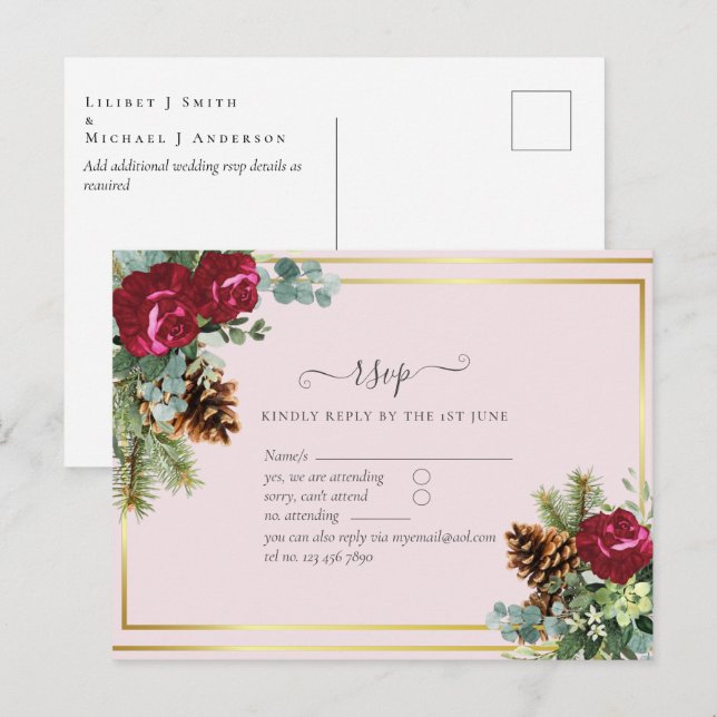 Winter Wedding Burgundy Ro Eucalyptus Vykort (Fram/baksida)