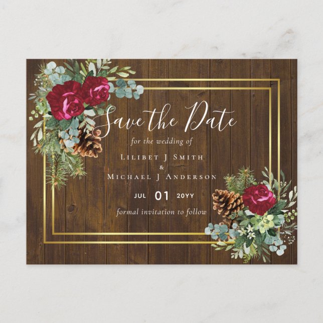 Winter Wedding Burgundy Ro Eucalyptus Vykort (Framsida)