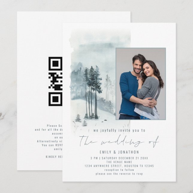 Winter Wedding för Elegant av skogsfotoskript i sn Inbjudningar (Fram/baksida)