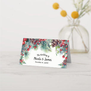 Winter Wedding Helgdag Holly Berry Gräs Cone Bord Placeringskort