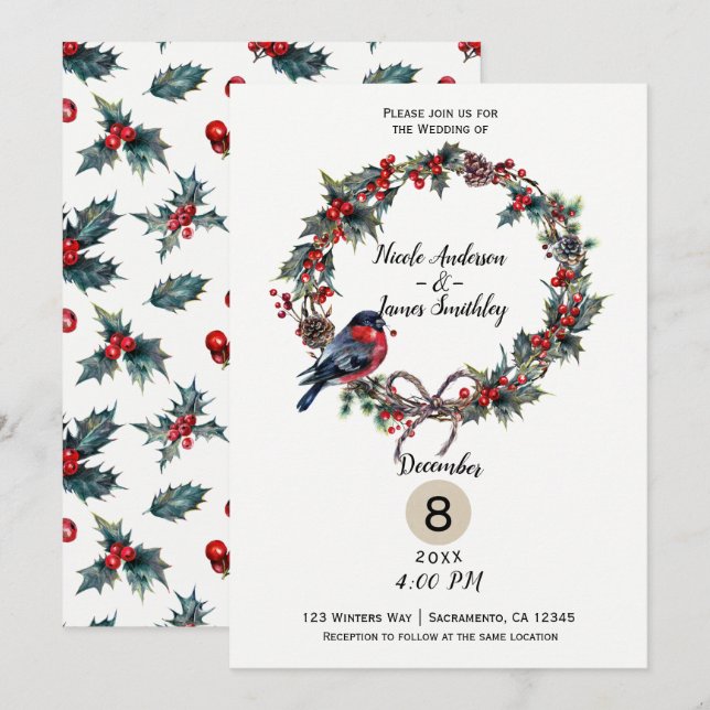 Winter Wedding Helgdag jul Holly Berry Bird Inbjudningar (Fram/baksida)