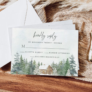 Winter Wedding i Rustic Forest Cabin Gräs Träd OSA Kort