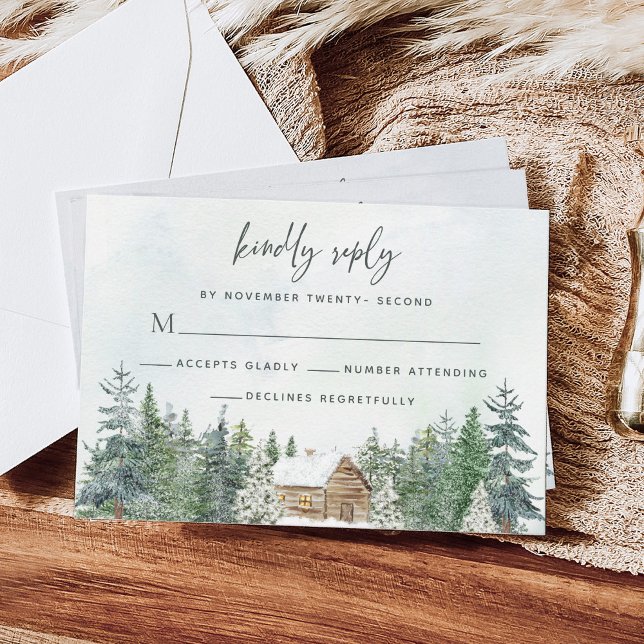 Winter Wedding i Rustic Forest Cabin Gräs Träd OSA Kort (Skapare uppladdad)