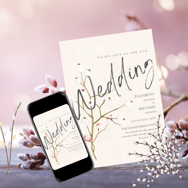 Winter Wedding Inbjudan Willow Print eller Digital (Skapare uppladdad)