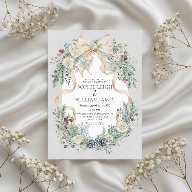 Winter Wedding Invitation with Cream Bow and Flora Inbjudningar (elegant winter wedding invitation)