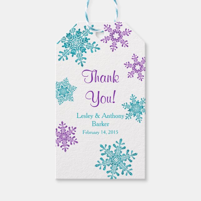 Winter Wedding Lila Teal Snowflake Presentetikett (Framsidan)