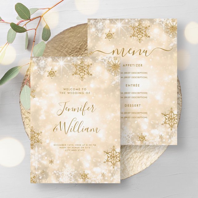 Winter Wedding Menu i Guld i Festive Gnistra Inbjudningar (Festive Sparkle Gold Winter Wedding Menu Invitation)