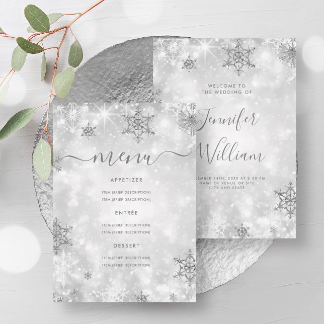 Winter Wedding Menu i Silver i Festive Gnistra Inbjudningar (Festive Sparkle Silver Winter Wedding Menu Invitation)