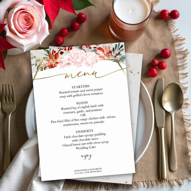 Winter Wedding Menu-kortet Gilded Watercolor Blomm Inbjudningar (Skapare uppladdad)