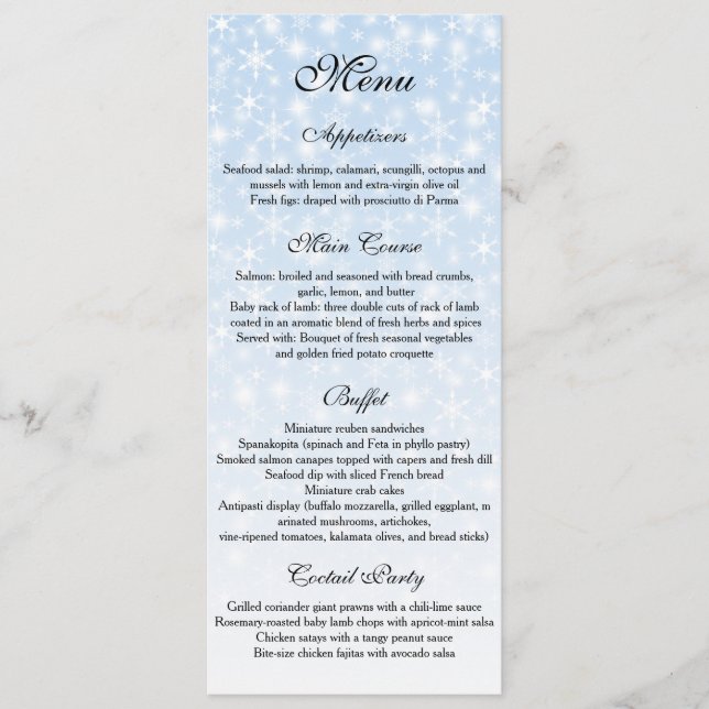 Winter Wedding Menu, Snowflake Bröllop Menu Meny (Framsida)
