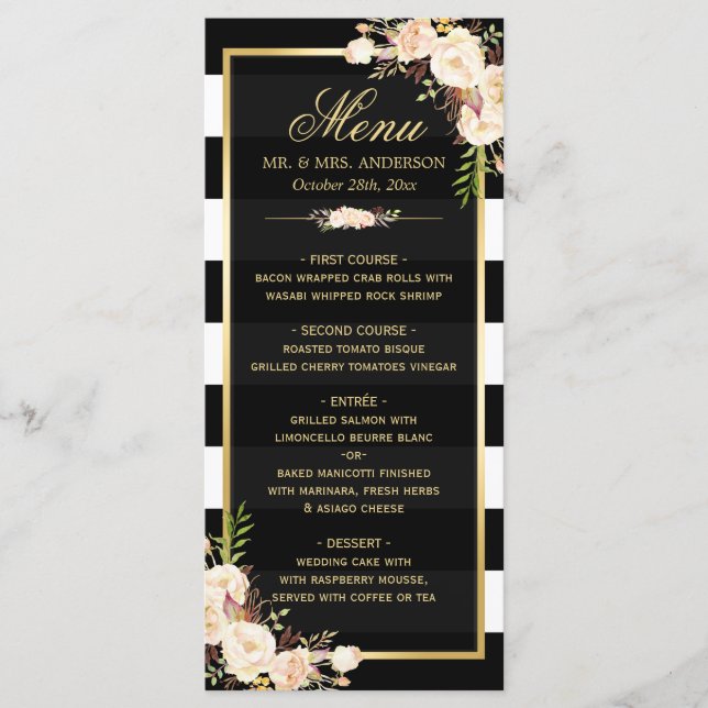 Winter Wedding Menu White Ivory Blommigt Stripe Meny (Framsida)