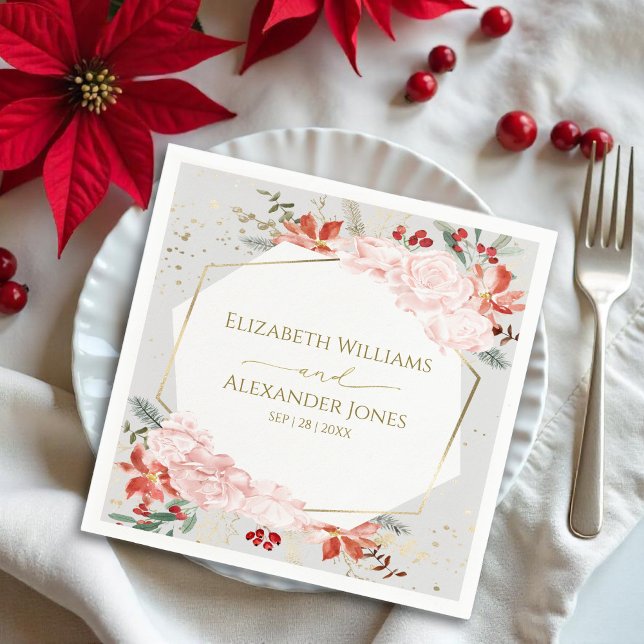 Winter Wedding Napkins Gilded Watercolor Blommigt Pappersservett (Skapare uppladdad)