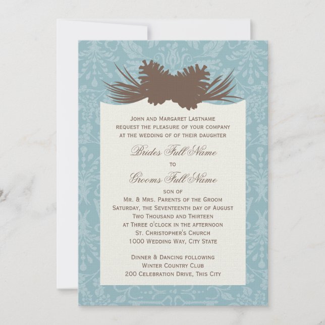Winter Wedding Pinecones och Damask Inbjudningar (Framsida)