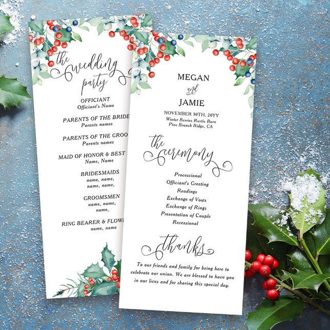 Winter Wedding Program med Elegant Text och Holly (Winter Wedding Program with elegant calligraphy, holly and winter berries)