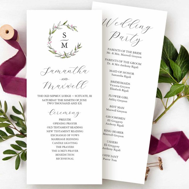 Winter Wedding Programs Watercolor & Bläck Botanic Inbjudningar (Winter wedding program unique drawing and watercolor by Victoria Grigaliunas of Do Tell A Belle)