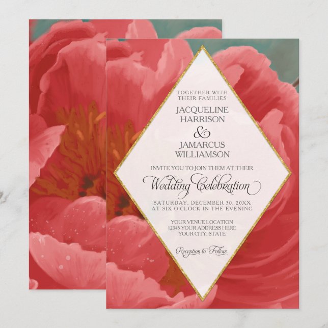 Winter Wedding Red Peony Guld Faux Glitter Diamond Inbjudningar (Fram/baksida)