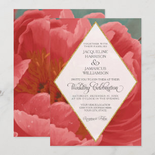 Winter Wedding Red Peony Guld Faux Glitter Diamond Inbjudningar