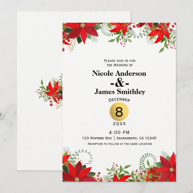 Winter Wedding Red & White Poinsettia Helgdag Inbjudningar (Fram/baksida)