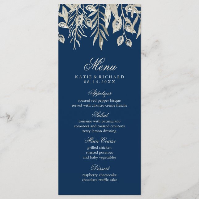 Winter Wedding Silver och Navy Blue Menu Meny (Framsida)