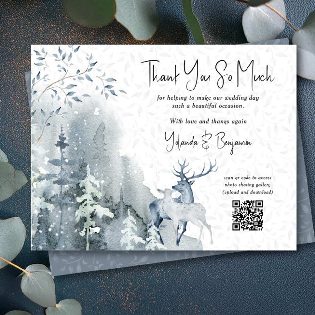 Winter Wedding Snö Forest och Hjort Tack Kort (Thank you card with photo sharing qr code from the Snow Forest wedding collection by Darling & May)