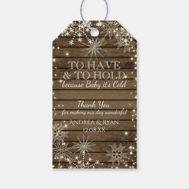 Winter Wedding Snöflingor och Barn Wood Presentetikett (Framsidan)