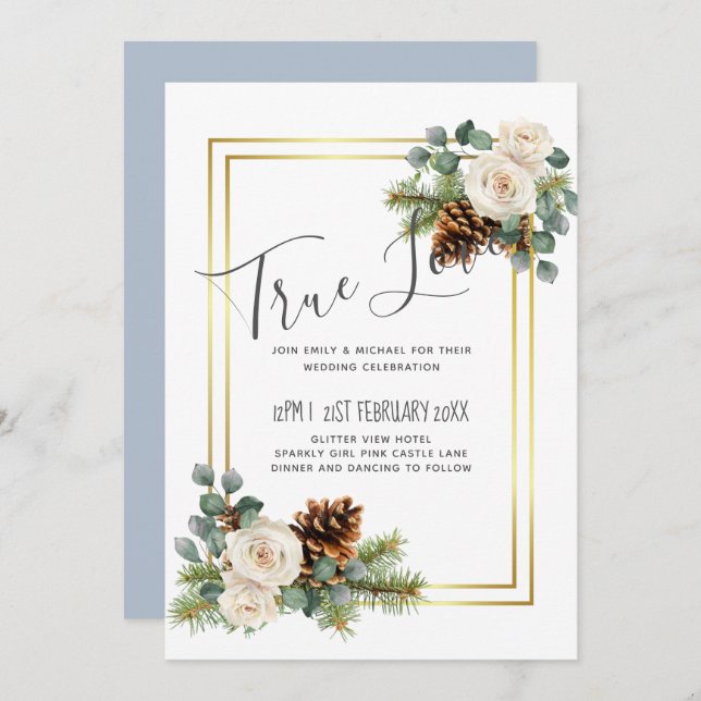 Winter Wedding Vit ros Guld Dusty Blue (Fram/baksida)