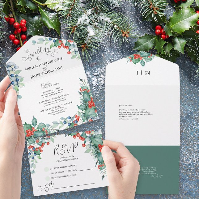 Winter Wedding Watercolor Holly och Berries (All in One Christmas Wedding Invitation with holly berries and tear off RSVP)