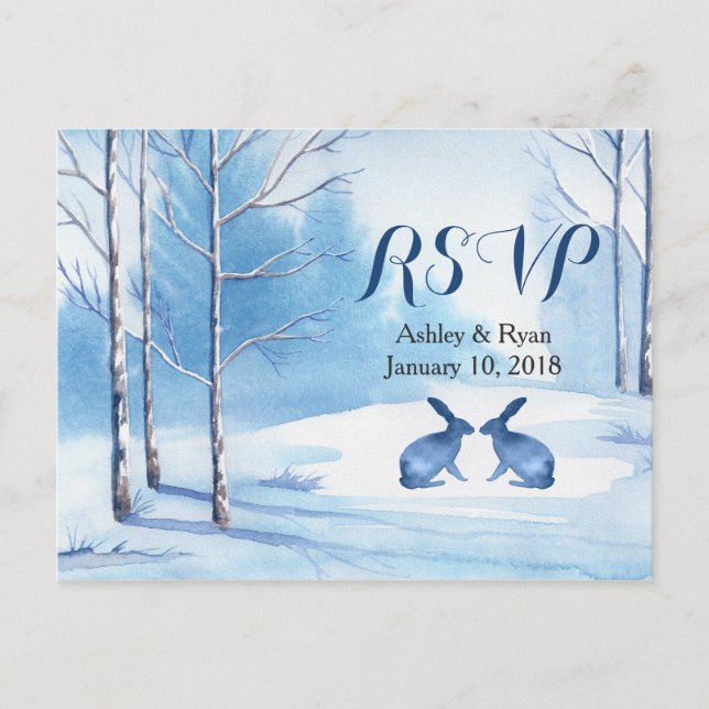 Winter Wedding Watercolor Träd Rabbits OSA Inbjudan Vykort (Framsida)