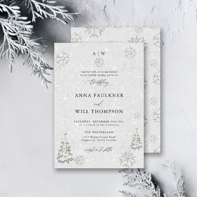 Winter Wedle Black White Gräs Wonderland Bröllop Inbjudningar (winter wedding invitation white wonderland christmas pine tree glitter black white snow flakes)