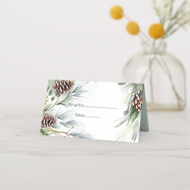 Winter Wedle Gräs Cones Snö Gräs Grenar Placeringskort (Baksida)