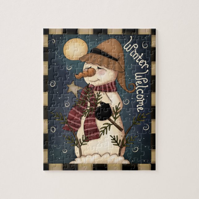 Winter Welcome Folk art Snögubbe Puzzle Pussel (Vertikal)