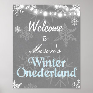 Winter Welcome Sign Onederland-födelsepojke snö Poster